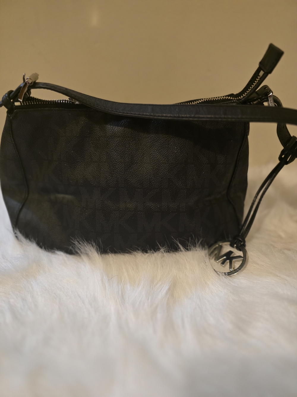 Michael Kors Black Logo Shoulder Bag with Silver MK Charm - Picture 1 of 4